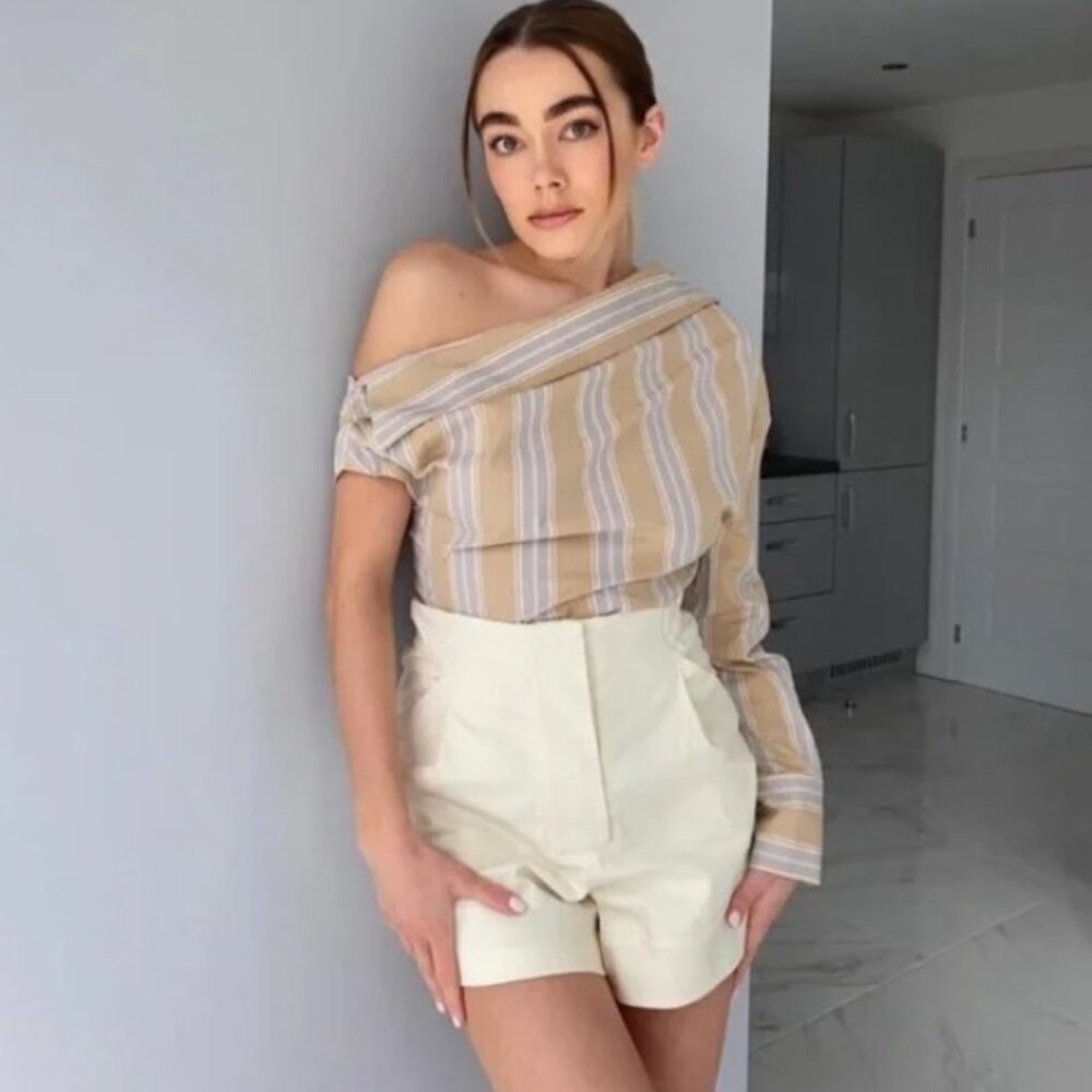 ✨NWT ZARA Striped Lim Ed Off shoulder asymmetrical blouse Reversible Top Shirt ✨